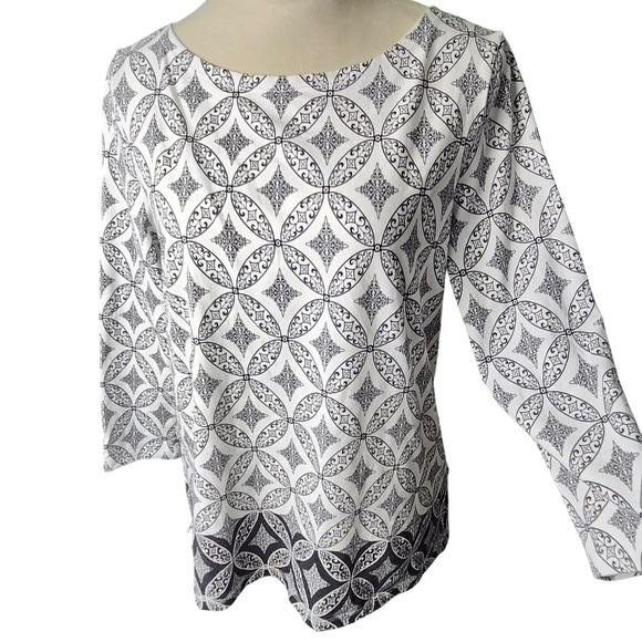 Talbots Tops - Talbots Top Women L White Black Geometric Print Boat Neck 3/4 Sleeve Stretch Boh